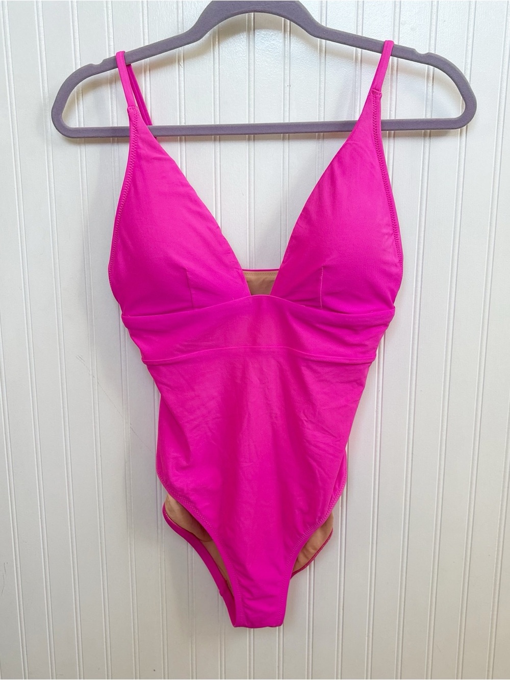 J.Crew Women’s Size 8 Deep V-Neck French One Piece Swimsuit Neon Pink L2584